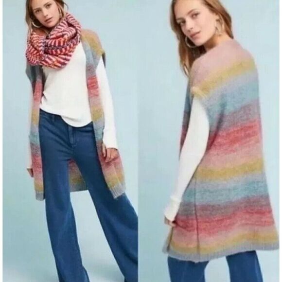 Anthropologie Moth Cardigan‎ Duster  Blue Red Rainbow Italian Yarn MOHAIR XS/M - Picture 1 of 12